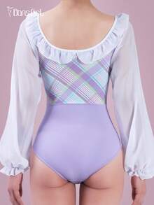 DonsGirl 1pc Women's Elegant Ballet Leotard - Classic V-Neck Patchwork Design Velvet Ballet Dance Costume, Holiday Party Gift - Mauve Purple - View 12