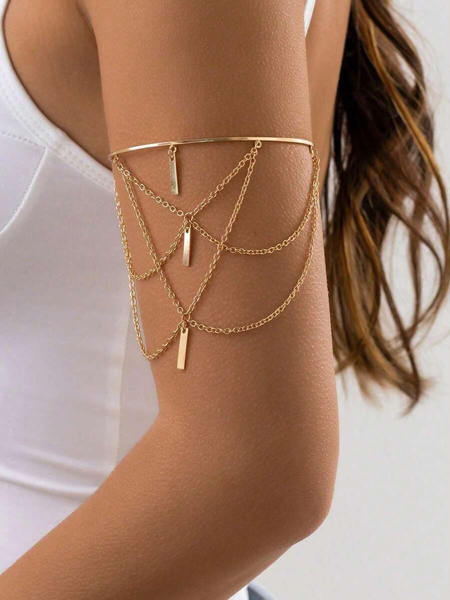1pc Punk Adjustable Metal Chain Tassel Arm Cuff Bracelet, Vacation Beach Style - Tassel - View 1
