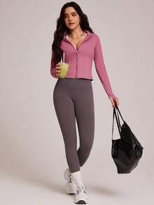 VUTRU 拉链修身长袖瑜伽外套，运动跑步 - 粉色 - 查看 6