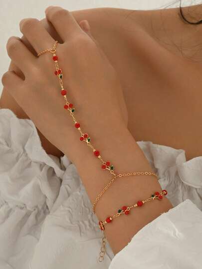 2pcs/Set Cute Enamel Cherry Handmade Chain Linked Finger Ring Bracelet, Sweet & Fashionable Jewelry For Women, Suitable For Daily Outfit, Decoration, Beach, Date, Party