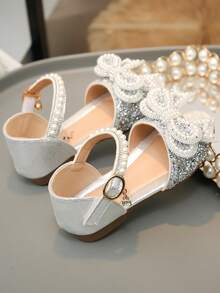 Girls Princess Flat Sandals Bow Color Diamond Pearl Embellished Shoes - Silver - View 6