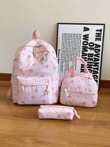 3pcs Fashionable Collegiate Bow Print Backpack Set, Including Backpack, Lunch Bag And Pencil Case, With Laptop Compartment, Adjustable Straps, Multi-Pocket Large Capacity Student Backpack Set, Suitable For Girls/Teens/College Students/Graduates For Daily Use/Vacation/Travel/Back To School - Multicolor - View 17