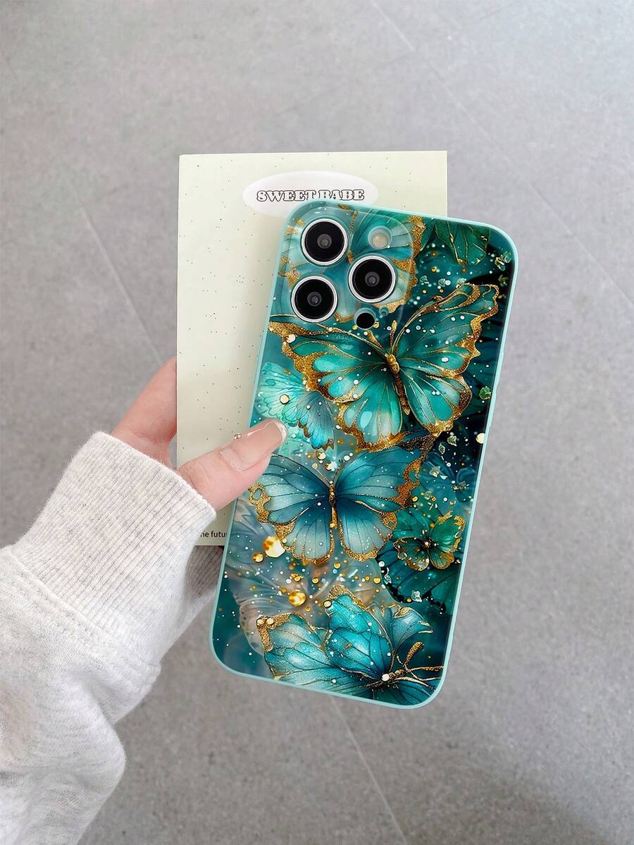 Compatible With IPhone11/12/15/14/13/16/17Pro/17Pro Max / S26 S25 S24 S23 A57 A37/Compatible With Redmi/Compatible With OPPO/Compatible With Realme/Compatible With Infinix Series, 1pc Fashionable Raindrop & Blue Butterfly Pattern Full Camera Protection Anti-Fingerprint Shock-Proof Phone Case, Blue Matte TPU - light cyan - View 1