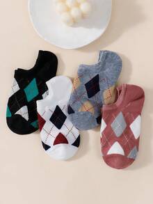 4 Pairs Women's Casual Versatile Argyle Thin Shallow Mouth Invisible Boat Socks, Suitable For Daily Wear, Summer - Multicolor - View 1