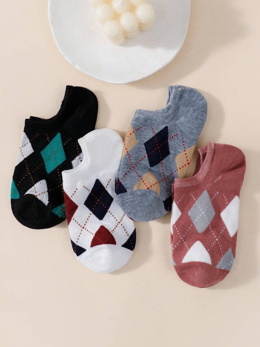 4 Pairs Women's Casual Versatile Argyle Thin Shallow Mouth Invisible Boat Socks, Suitable For Daily Wear, Summer - Multicolor - View 1