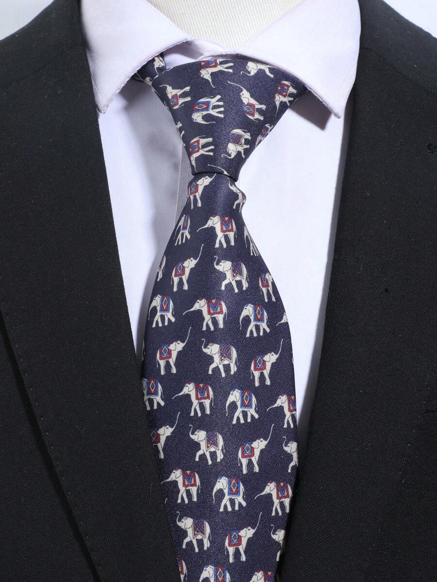 1条男士时尚大象图案藏蓝色丝滑密织宽领带，适合派对、旅行、招待、休闲、日常、学校、宴会、舞台搭配等场合。 - 彩色 - 查看 1