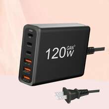 防震氮化镓快速充电站，办公桌配件，6端口（3个USB-C接口，3个USB-A接口），120W桌面多设备充电器，兼容充电盒，可折叠设计，带延长线，适用于家庭办公室，情人节礼物 - 美規A型插(110-127V) - 查看 2