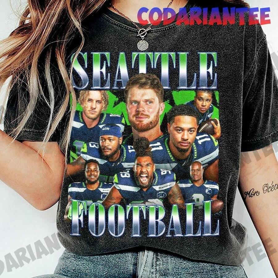 Seattle Football Vintage Shirt Seahawks Tee Game Day Retro 90s Shirt Gift For Fans_ - 黑色 - 查看 1
