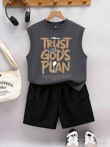 青少年男孩休闲简约标语设计无袖背心+工装裤春夏套装 - 深灰色 - 查看 1
