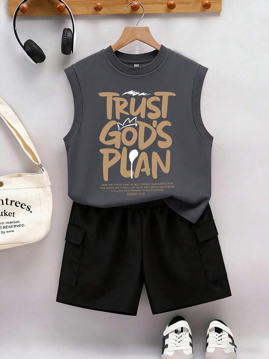 青少年男孩休闲简约标语设计无袖背心+工装裤春夏套装 - 深灰色 - 查看 1