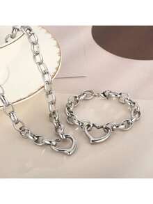 2pcs/Set Stainless Steel Heart Shaped Thick Chain Bracelet & Necklace, Fashionable Exaggerated Style, Suitable For Streetwear Valentines,Mom,Mother,Mother's Day,Gift - Gold - View 11