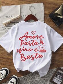 Playera Mujer Amplia Estampado Gráfico Primavera Verano, Nueva Moda Minimalista, Estampado de Letras de Vino y Pasta Italiana, Camiseta Casual de Manga Corta con Cuello Redondo, Top Versátil y Elegante para Mujer, Negro - Blanco - Ver 4