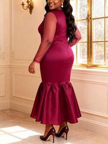 Curvy Women Wine Elegant Mermaid Dress With Sheer Mesh Long Sleeve Pearl Chain Embellishment Fitted Cocktail Party Gown - Wine Red - View 2