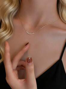 1pc Elegant Faux Pearl Decor Necklace, Stainless Steel Material, Long-Lasting Color - Gold - View 1
