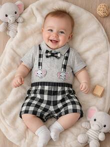 H HIBOBI 两件套，灰色领结连体衣+黑白格子短裤，大象刺绣肩带设计，绅士风男婴套装，0-18个月，夏季 - 灰色 - 查看 1