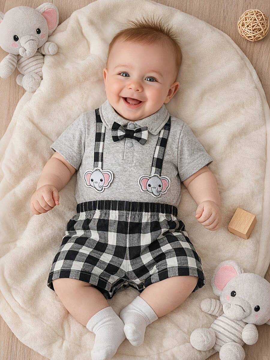 H HIBOBI 两件套，灰色领结连体衣+黑白格子短裤，大象刺绣肩带设计，绅士风男婴套装，0-18个月，夏季 - 灰色 - 查看 1