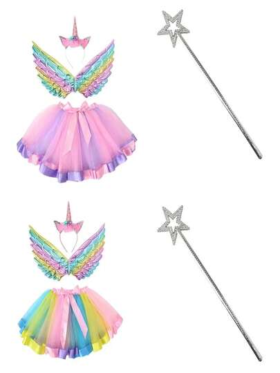 Conjunto de 4 piezas de disfraz de unicornio | Vestido y diadema con alas de tul arcoíris | Adecuado para fiestas de cumpleaños, actuaciones de baile y cosplay