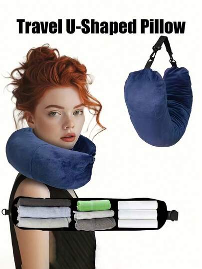 Capa de almofada de viagem que pode ser recheada com roupas para acomodar bagagem extra, com capuz que bloqueia a luz em duas direções, almofada de pescoço para voos longos de avião, superleve, cinza, almofada multifuncional removível para suporte de pescoço em viagens de avião.
