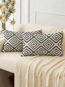 2个装饰枕套，几何图案靠垫套，100%低过敏性聚酯纤维枕套，复古亚麻材质，隐形拉链，可机洗，简约时尚线条图案，家居装饰抱枕套，适用于沙发、客厅、卧室，不含枕芯 - 黑色 - 查看 3