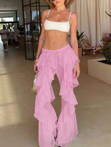 Outdoor Fashionable Tie-Up Ruffle Hem Flared Pants, Spring/Summer Pink - Pink - View 3