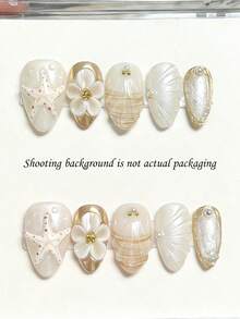 10pcs Minimalist Elegant INS Daily Versatile Gold Framed Hand-Painted Golden Glitter 3D Embossed Starfish Flower Water Drop Almond Nail Art Stickers, White & Gold Tones - Champagne - View 2