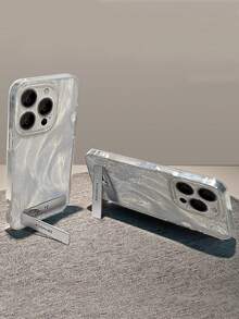 1pc Silver Feather Chiffon Full Coverage Phone Case + 3D Metal Stand, Compatible With IPhone 11/12/13/14/15/16/17/Pro Max - Silver - View 2