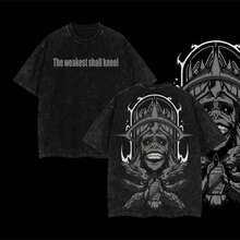 The Weakest Shall Kneel - Sung Jin Woo X Solo Leveling Anime Double Printed Oversize Lightweight Acid Washed Tee Gift For Anime Lover Menswear Top Shirt Oversized Heavyweight Cotton T-Shirts - 黑色 - 查看 2