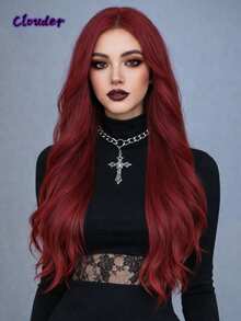 clouder Gothic Punk Burgundy Long Wavy Curls Wig 26-Inch Center-Parted Bangs Heat-Resistant Synthetic Fiber Wig Women's Soft Voluminous Curls Suitable For Daily Cosplay, Street Style, Holiday Parties, Music Festivals, Y2K Aesthetic, Avant-Garde College Style, Modern Fashion Punk Looks - 紅色 - 查看 2