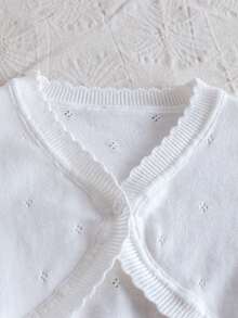 Girls Elegant Solid Color Hollow Out Short Knitted Cardigan, Single Button, Lightweight Shawl - White - View 3