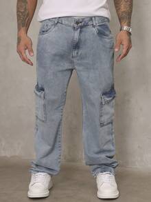 Men's Cargo Jeans With Multiple Pockets And No Elastane. - 淺色水洗藍 - 查看 3