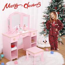 Vanidad para niños con Espejo de Tres Pliegues, Mesa de Cambiador y Taburete para niñas pequeñas, Maquillaje para niños con cajón y estantes Abiertos para niñas de 3 a 9 años, Rosa - Rosa - Ver 5