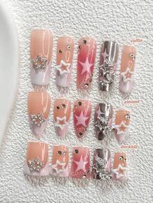 Bộ 10 món trang trí móng tay acrylic phong cách Sweet & Cool Girl, bao gồm hình ngôi sao năm cánh rỗng màu bạc, ngôi sao lấp lánh đính kim cương, hình ngôi sao năm cánh màu hồng vẽ tay, sơn móng tay màu bạc, dụng cụ làm móng (1 miếng dán gel + 1 dũa móng), 3 kích cỡ móng khác nhau. - Nhiều màu - Xem 1