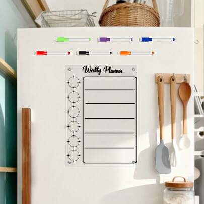 1 tablă magnetică pentru planificator de mese săptămânal, tablă memo acrilică transparentă, afișaj magnetic pentru catalogul de meniuri, tablă de scris ștergabilă (vine cu 6 pixuri magnetice pentru tablă albă)