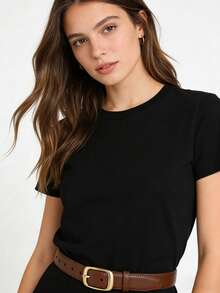 女士金色合金扣简约纯色腰带套装，灵活可调节时尚百搭装饰腰带，耐用PU皮革材质宽腰带 - 适合春、夏、秋、冬四季穿着，休闲、办公、日常通勤皆宜，完美搭配牛仔裤、休闲裤、连衣裙，是情人节、生日、周年纪念日的理想礼物。 - 彩色 - 查看 2