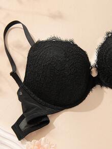 WINGSLOVE Eyelash Lace Underwire Bra Deep V Push-Up Lightly Padded Adjustable Convertible Crisscross Strap Bra - Black - View 7