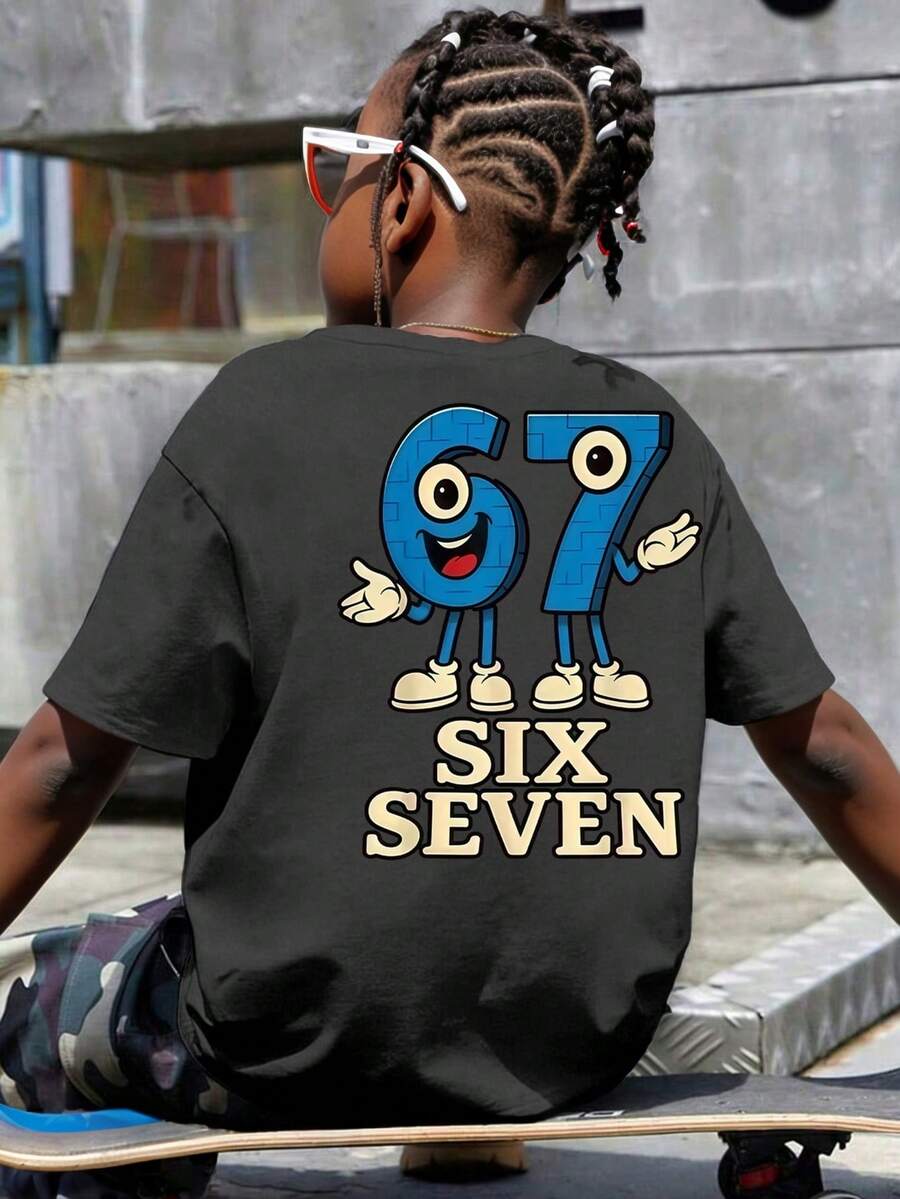 青少年男孩卡通图案印花休闲圆领短袖T恤 - 灰色 - 查看 1