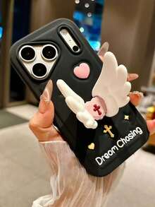 1pc New INS Style 3D Angel Wings Stand Holder Case Compatible With IPhone 17 Pro Max, Compatible With IPhone 16, 15 Plus, 14 Pro, 13 Pro Max, 12 Pro Max, Soft Silicone Fashionable Protective Cover - Black - View 2