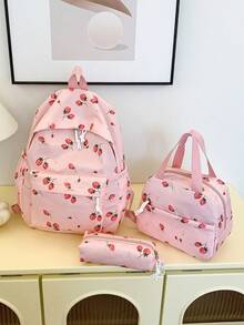 3pcs Strawberry Print Backpack Set, Including Backpack, Lunch Bag And Pencil Case, With Laptop Compartment, Adjustable Straps And Multiple Pockets, High Capacity Student Backpack, Multipurpose Daily Bag, Suitable For Girls/College Students/Graduates For Daily Use/Vacation/Travel/Back To School - Multicolor - View 11
