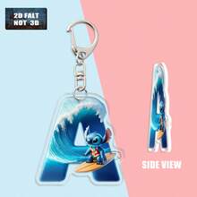 这款2D立体史迪奇冲浪亚克力钥匙扣，包含26个字母和一个史迪奇冲浪图案。男女皆宜，可爱小巧，可用作包包挂饰、车钥匙链或家居装饰。是生日、圣诞节、新年（情人节礼物、包包配件、车钥匙链）、斋月礼物的理想之选。2D平面设计。 - 彩色 - 查看 3