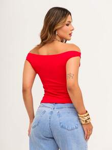 Women's Premium Basic Off-Shoulder Blouse, Elegant Casual Second Skin T-Shirt - Rojo - Ver 2