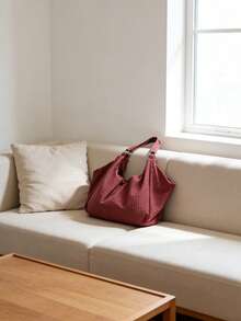 Large Capacity Plaid Pattern Shoulder Bag, Zipper Closure Burgundy Ladies Crossbody Bag, Casual Versatile Tote Bag, Suitable For Work, Study, Travel - Redwood - View 4