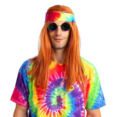 Men's Hippie Style Wig - Wig Only, Long Straight Synthetic Orange Ginger Brown Color Cosplay Wig, Heat Resistant Rose Net Cap, 100% Density - Perfect For 60s, 70s, 80s Female Rock Band Disco Costume, Halloween And More