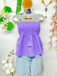 T110 Cropped Blouse With Elastic And Ruffle - 淡紫色 - 查看 3