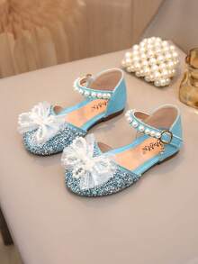 Girls School Flat Sandals Bow Color Diamond Pearl Toddler Princess Sandals - Blue - View 2