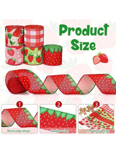 1 rolo/5 rolos de fita de cetim com estampa xadrez de morango de 6,35 cm (2,5 polegadas) e bordas coloridas, ideal para artesanato de verão, guirlandas florais, laços e embalagens de presentes.