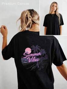 Camiseta de Mujer Estilo Bohemio - Camiseta Impresa% Algodón Suave y Cómoda, Cola de Caballo Dorada Clara con Estampado de Sol y Palmera, Estilo de Calle de Vacaciones de Playa de Verano, Cuello Redondo y Manga Corta, Regalo Perfecto para Mujeres - Rojo - Ver 12