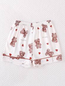 3件套女童休闲卡通熊印花POLO领短袖开衫、短裤和长裤睡衣套装，阻燃，四季皆宜 - 白色 - 查看 8