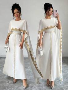 女士优雅V领喇叭袖金色蕾丝腰A字型长裙，亮杏色，适合早春穿着 - 杏色 - 查看 4