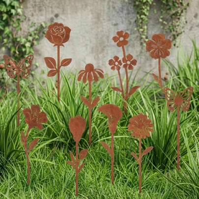10朵乡村金属花卉，乡村春花，花园木桩，户外装饰艺术花园木桩，盆栽植物，地栽