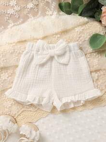 3pcs Baby Girls' Soft & Comfortable Casual Elegant Cute Simple Cotton Shorts Set, Bow Decor, Ruffle Hem, Elastic Waist, Infant Toddler Girl Clothing, Summer Daily Wear, Vacation, Photography, Outdoor Activities - 彩色 - 查看 7